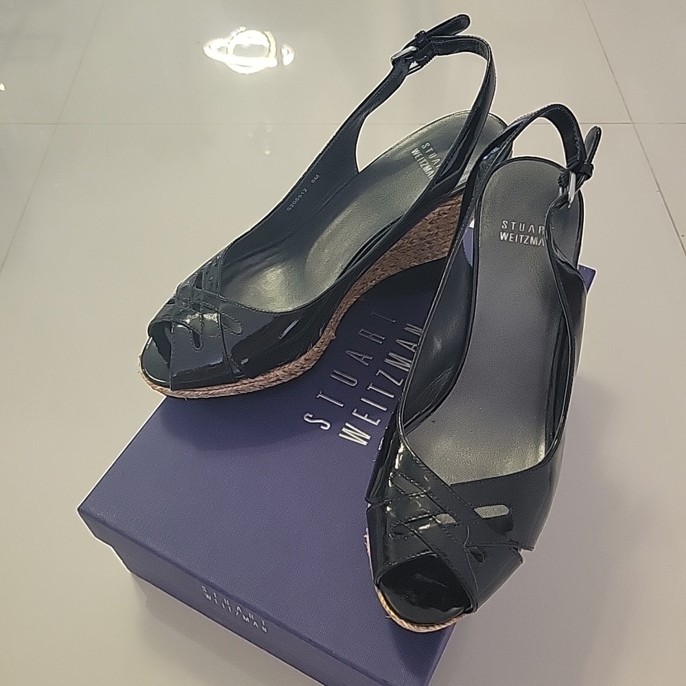 Stuart Weitzman Black Patent Leather Peep-Toe Wedge Slingbacks